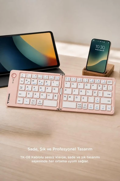 Kablosuz Klavye Bluetooth Katlanabilir Şarjlı Mini Klavye TK08 Pembe - Resim 3