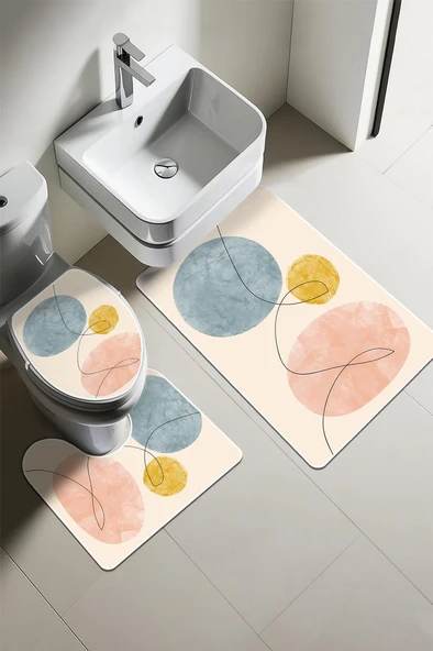 Modern Desenli Dijital Baskı 3’lü Banyo Paspas Takımı Yıkanabilir Kaymaz Tabanlı Klozet Takımı KLZ0005 RENKLİ 60 X 90 ürün görseli 1