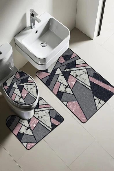 Modern Desenli Dijital Baskı 3’lü Banyo Paspas Takımı Yıkanabilir Kaymaz Tabanlı Klozet Takımı KLZ0026 RENKLİ 60 X 90 ürün görseli 1