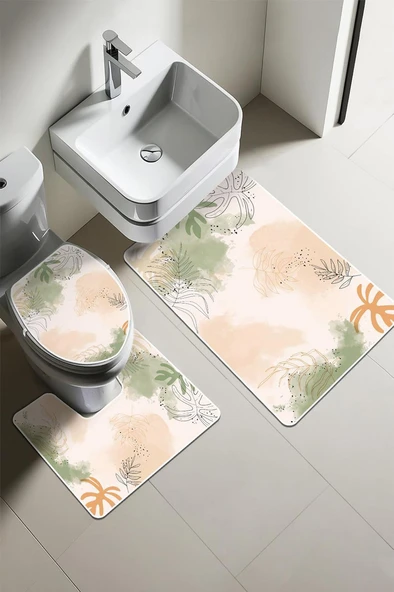 Modern Desenli Dijital Baskı 3’lü Banyo Paspas Takımı Yıkanabilir Kaymaz Tabanlı Klozet Takımı KLZ0006 RENKLİ 60 X 90 ürün görseli 1