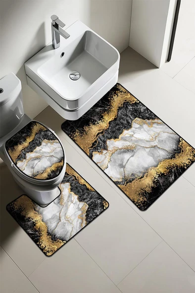 Modern Desenli Dijital Baskı 3’lü Banyo Paspas Takımı Yıkanabilir Kaymaz Tabanlı Klozet Takımı KLZ0007 RENKLİ 60 X 90 ürün görseli 1