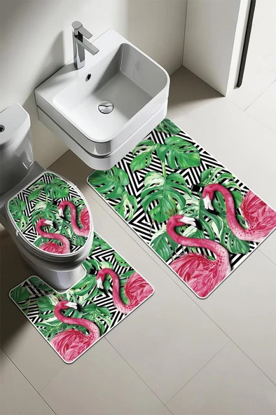 Modern Desenli Dijital Baskı 3’lü Banyo Paspas Takımı Yıkanabilir Kaymaz Tabanlı Klozet Takımı KLZ0008 RENKLİ 60 X 90 ürün görseli 1
