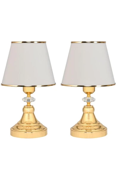 Art Deco Tarz Kristal Taş Süslü Metal Ayak ve Gold Şeritli Krem Başlık 2'li Abajur Seti İki Adet ürün görseli 1