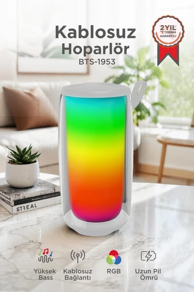 Bluetooth Hoparlör Rgb Işıklı TWS USB TF Destekli Speaker BTS-1953 Beyaz ürün görseli 1