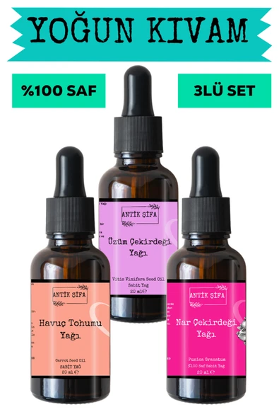 Antik Şifa Havuç Tohumu Yağı, Nar çekirdeği Yağı ve Üzüm Çekirdeği Yağı 3 x 20 ml - %100 Soğuk Sıkım Saf ürün görseli 1