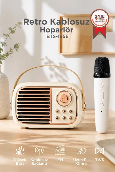 Bluetooh Hoparlör Nostaljik Radyo Mikrofonlu Rgb Işıklı TWS USB TF Speaker BTS-1956 Bej ürün görseli 1