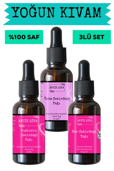 Antik Şifa Kuşburnu Çekirdeği, Üzüm Çekirdeği Ve Nar Çekirdeği Yağı (3X20ML)-%100 Saf Doğal Sabit Yağ Seti ürün görseli 1