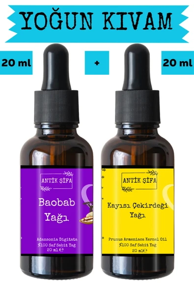 Antik Şifa Baobab Yağı ve Kayısı Çekirdeği Yağı (20ml + 20ml) -%100 Doğal Soğuk Sıkım Yüz Yogası Yağı Seti ürün görseli 1