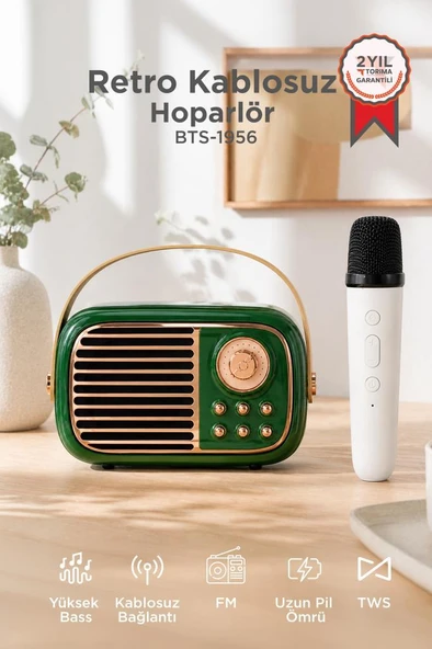 Bluetooth Hoparlör Nostaljik Radyo Mikrofonlu Rgb Işıklı TWS USB TF Speaker BTS-1956 Yeşil ürün görseli 1