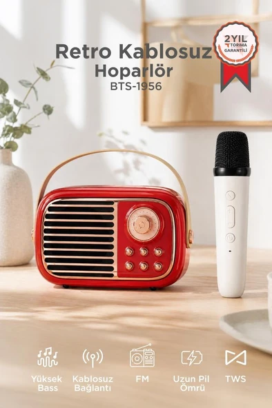 Bluetooth Hoparlör Nostaljik Radyo Mikrofonlu Rgb Işıklı TWS USB TF Speaker BTS-1956 Kırmızı ürün görseli 1