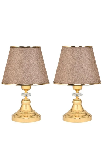 Art Deco Tarz Kristal Taş Süslü Metal Ayak ve Gold Şeritli Kumbeji Başlık 2'li Abajur Seti İki Adet ürün görseli 1