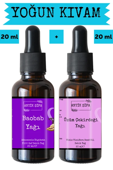 Antik Şifa Baobab Yağı ve Üzüm Çekirdeği Yağı (20ml + 20ml) -%100 Doğal Soğuk Sıkım Yüz Yogası Yağı Seti ürün görseli 1