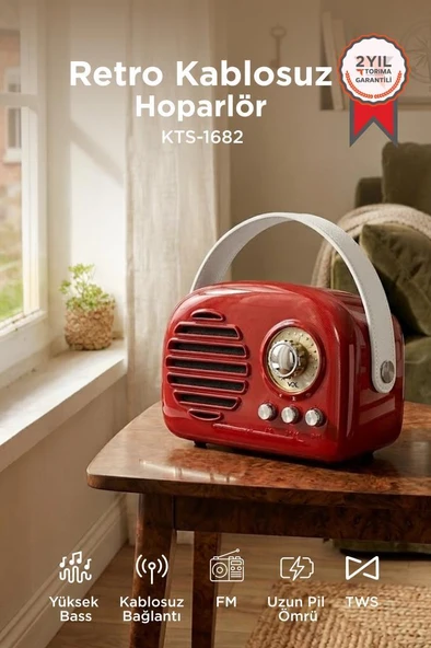 Bluetooth Hoparlör Nostaljik Radyo USB TF Destekli Speaker KTS-1682 Kırmızı ürün görseli 1