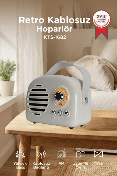 Bluetooth Hoparlör Nostaljik Radyo USB TF Destekli Speaker KTS-1682 Gri ürün görseli 1