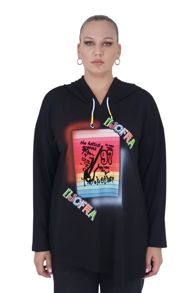 Kadın Büyük Beden Siyah Kapüşonlu Sloganlı Sweatshirt ürün görseli 1