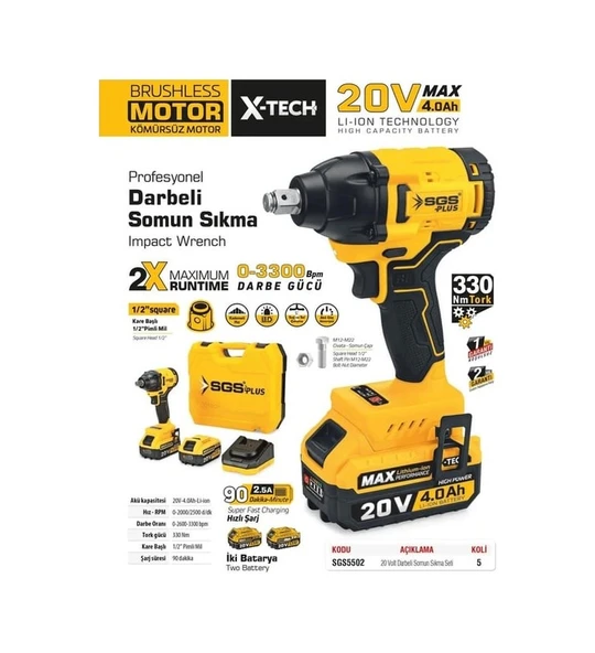 Sgs SGS5502 Kömürsüz 20 Volt 4.0Ah Darbeli Somun Sıkma Seti Çift Akü 2x4 Ah ürün görseli 1