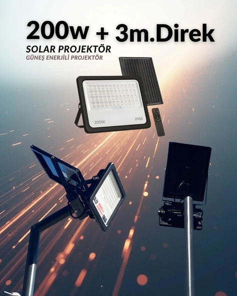 Aydınlatma Direği 200W Solar Led Projektör 220v + 3m. Montaja Hazır sokak Aydınlatma Lamba Direği ürün görseli 1