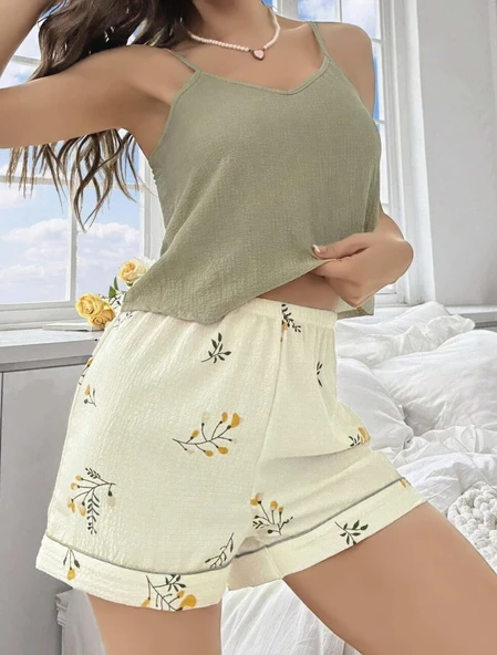 Kadın Ekru Çiçek Baskılı Şortlu Gecelik Pijama Takımı 5099 ürün görseli 1