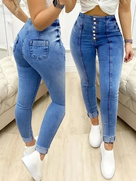 Kadın Yüksek Bel önden Düğmeli Jean Pantolon ürün görseli 1