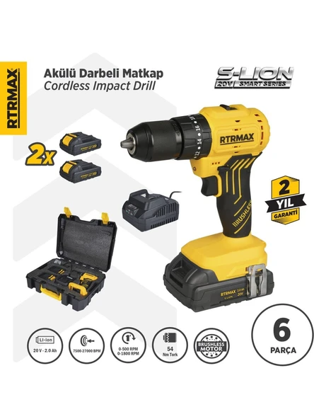 RTRMAX RTS5012 S-LION AKÜLÜ DARBELİ MATKAP KÖMÜRSÜZ 54Nm 2x2  Ah AKÜ ürün görseli 1