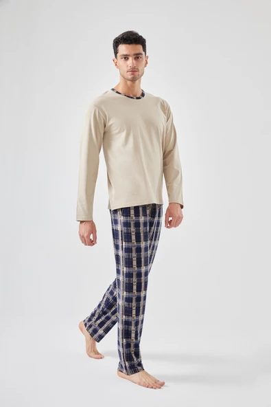 Erkek Pamuklu Uzun Kollu Ekose Desenli Cepli Pijama Takımı ürün görseli 1