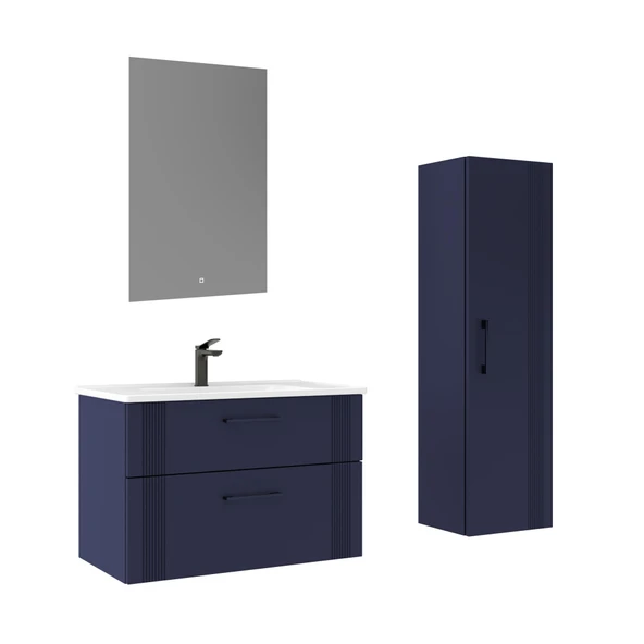 Orka Bari 85 cm Mat Lacivert LED'li Aynalı Banyo Dolabı Takımı ve Boy Dolabı ürün görseli 1