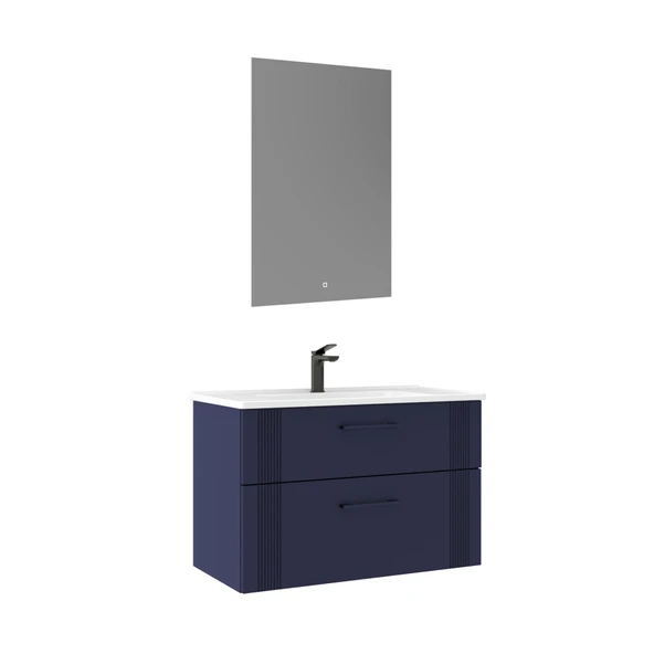 Orka Bari 85 cm Mat Lacivert LED'li Aynalı Banyo Dolabı Takımı ürün görseli 1