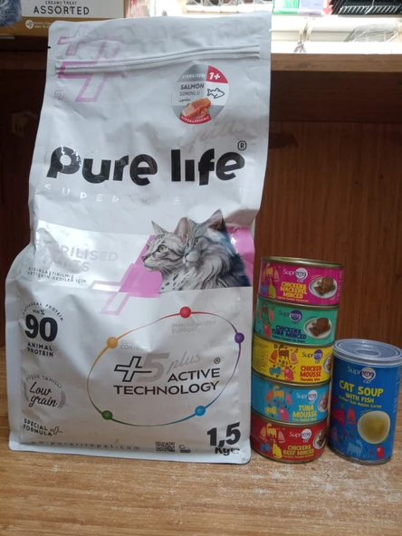 PURE LİFE PLUS HYPOALLERGENIC Kısırlaştırılmış Kedi Mama Somon Balıklı 1.5kg+5 ADET KARIŞIK AROMA PÜRE KEDİ KONSERVE 85 GRAM+1 ADET BALIKLI KEDİ ÇORBASI 135 ML ürün görseli 1