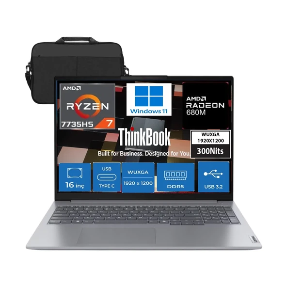 Thinkbook 16 G7 Arp Amd Ryzen 7 7735HS 64GB Ddr5 2tb SSD Radeon 680M 16" Wuxga 300NITS IPS WINDOWS11 Taşınabilir Bilgisayar 21MW002CTR17 &çanta ürün görseli 1
