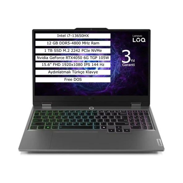 Loq 15IRX9 Intel Core I7 13650HX 24GB 1tb SSD 6gb RTX4050 Windows 11 Pro 15.6" Fhd Taşınabilir Bilgisayar 83DV0118TR ürün görseli 1