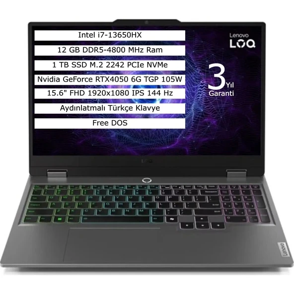 Lenovo Loq 15IRX9 Intel Core I7 13650HX 12GB 1tb SSD 6gb RTX4050 Freedos 15.6" Fhd Taşınabilir Bilgisayar 83DV0118TR ürün görseli 1