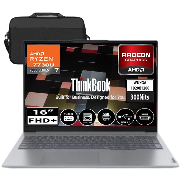 Thinkbook 16 G7 Arp Amd Ryzen 7 7735HS 32GB Ddr5 1tb SSD Radeon 680M 16" Wuxga 300NITS IPS Fredos Taşınabilir Bilgisayar 21MW002CTR08 &çanta ürün görseli 1