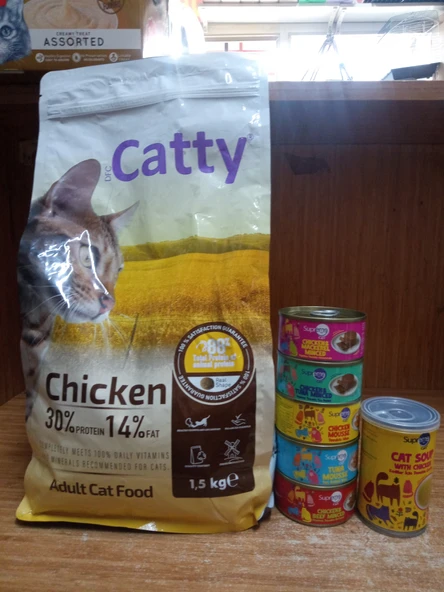 Catty Yetişkin Kedi Kuru Mama Tavuklu 1.5 KG+5 ADET KARIŞIK AROMA PÜRE KEDİ KONSERVE 85 GRAM+1 ADET TAVUKLU KEDİ ÇORBASI 135 ML ürün görseli 1