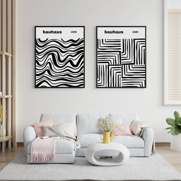 Bauhaus Siyah Çizgiler Duvar Tablosu Çerçeveli 2'li Set Siyah Renk 21 x 30 Boyut/Ebat ürün görseli 1