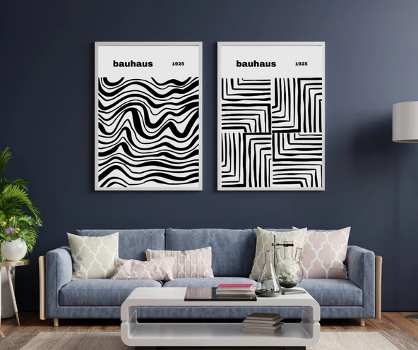 Bauhaus Siyah Çizgiler Duvar Tablosu Çerçeveli 2'li Set Beyaz Renk 21 x 30 Boyut/Ebat ürün görseli 1