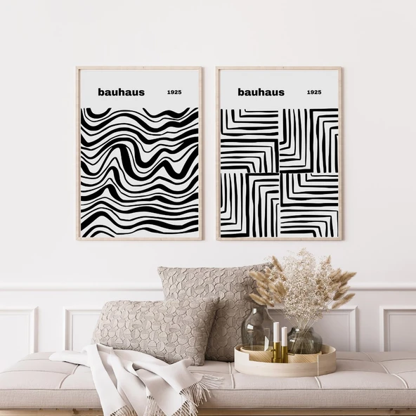 Bauhaus Siyah Çizgiler Duvar Tablosu Çerçeveli 2'li Set Ahşap Renk 30 x 42 Boyut/Ebat ürün görseli 1