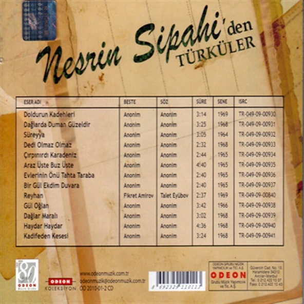Nesrin Sipahi Nesrin Sipahi'den Türküler - CD - Resim 2