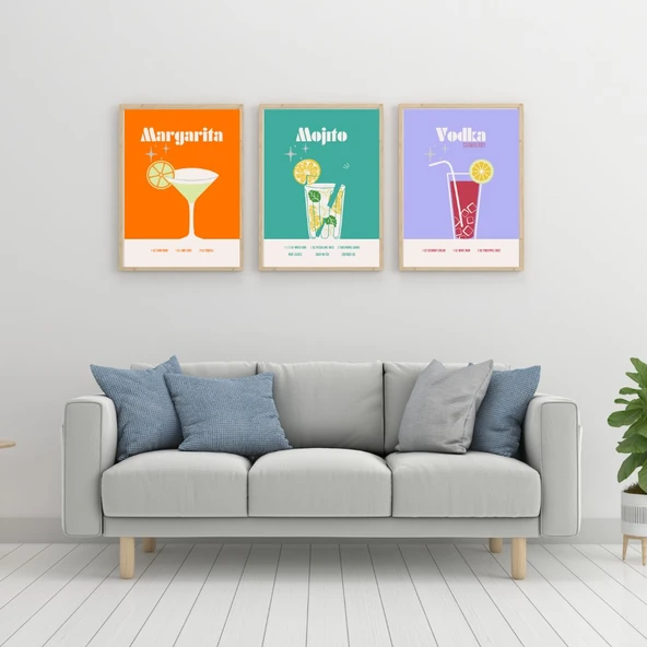 Renkli Kokteyler Duvar Tablosu Çerçeveli 3'lü Set Ahşap Renk 35 x 50 Boyut/Ebat ürün görseli 1