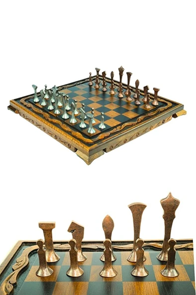 MC44 Büyük Boy Metal Satranç Takımı – Gerçek Ceviz Tahta – El Yapımı Antik Taşlar 35x35cm ürün görseli 1