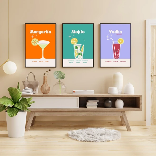 Renkli Kokteyler Duvar Tablosu Çerçeveli 3'lü Set Siyah Renk 35 x 50 Boyut/Ebat ürün görseli 1