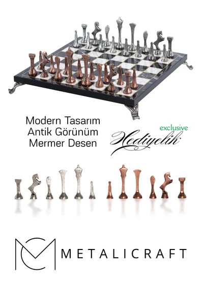 MC54 - Metal Satranç Takımı - 25cm Mermer Desenli Satranç Tahtası - Sertifikalı Antik Metal Taşlar ürün görseli 1