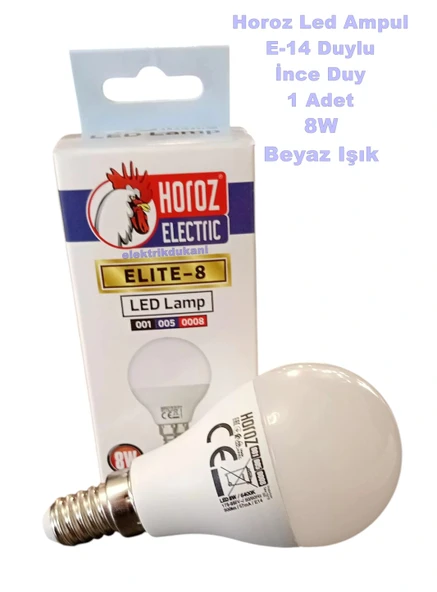 HOROZ ELITE-8 İnce Duy E-14 8w Top Led Ampul BEYAZ 6400k 220v 8 Watt 800lm ürün görseli 1