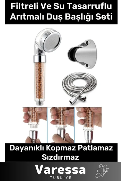 Su Tasarruflu Arıtmalı Paslanmaz Filtreli Duş Başlığı Doğal Taş Boncuklu Başlık Hortum Mafsal Seti ürün görseli 1