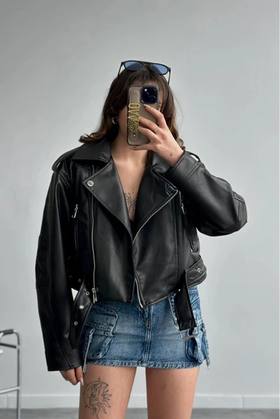 Yeni Sezon Oversize Kadın Siyah Biker Deri Ceket ürün görseli 1