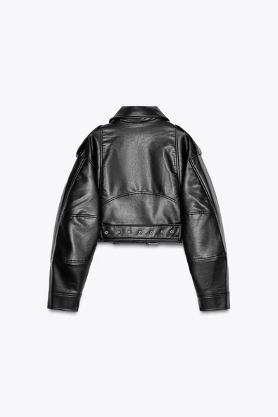 Kemerli Suni Deri Crop Biker Ceket - Resim 4