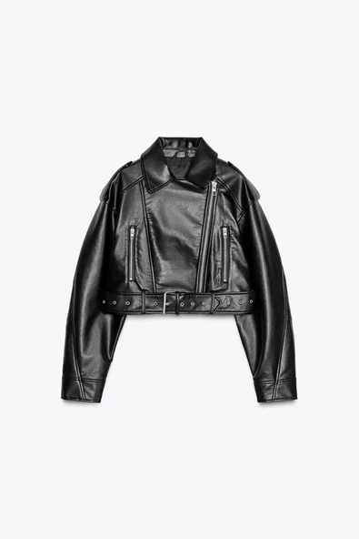 Kemerli Suni Deri Crop Biker Ceket - Resim 3
