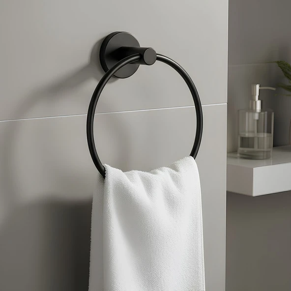 Vidalı Siyah Renkli Yuvarlak 16 cm Banyo Mutfak Lavabo Pratik Havluluk Askılığı ürün görseli 1