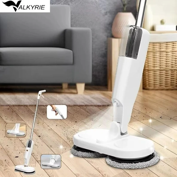 Valkyrie Şarjlı Su Püskürtmeli Elektrikli Mop – Çift Döner Başlık, Mikrofiber Ped, 2000 mAh, Tüm Zeminlerde Etkili Beyaz ürün görseli 1
