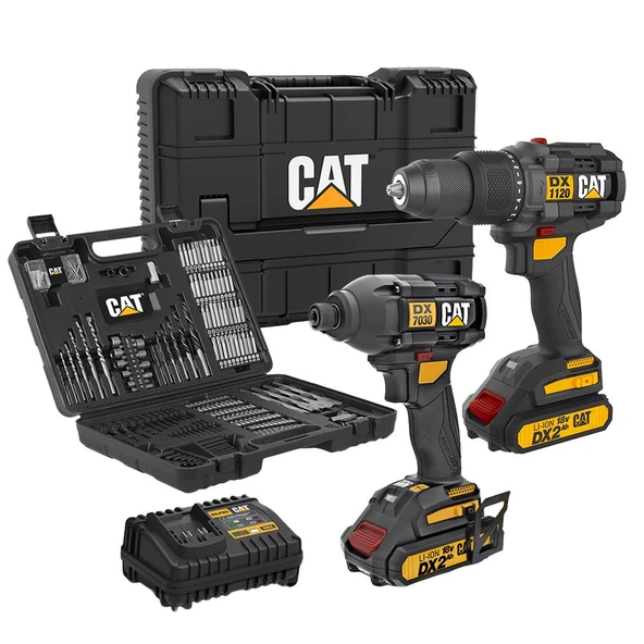 CAT DXK201 18Volt/2.0Ah Li-ion Çift Akülü Kömürsüz Profesyonel Şarjlı Darbeli Matkap + DX7030 + DA01903 Kombo Set ürün görseli 1
