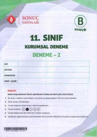 Sonuç Yayınları 11. Sınıf Kurumsal Deneme / Deneme 2 B Kitapçığı ürün görseli 1